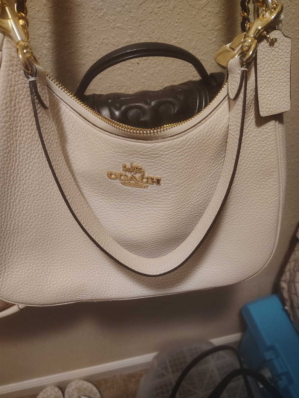 COACH Pebbled Leather Shoulder Bag in Chalk with Gold Hardware